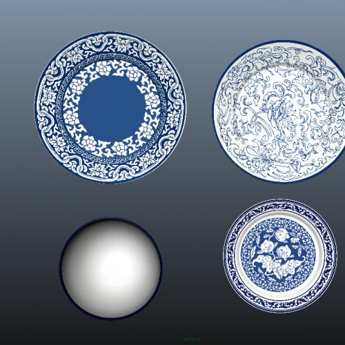 青花瓷餐具CG模型，景德镇青花瓷盘子日用瓷碗碟CG模型maya模型