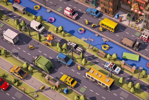 卡通风格的迷你小镇城市unity游戏场景模型素材包+房屋建筑+街道车辆+全套unity3d模型