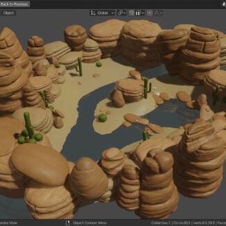 沙漠中巨大的风沙石块沙化石头+青青湖水泉水+仙人掌场景CG模型，fbx模型！有贴图！Desert Environment