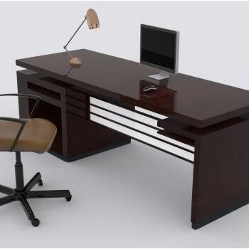 办公室老板桌枣红色实木红木大气办公桌旋转老板椅+显示器+台灯CG模型，3dmax/fbx模型！Modern Desk
