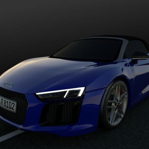 一辆蓝色漆面奥迪R8跑车赛车汽车CG模型，含fbx/obj/blend/stl等3d模型格式！有贴图！Audi R8 Spyder