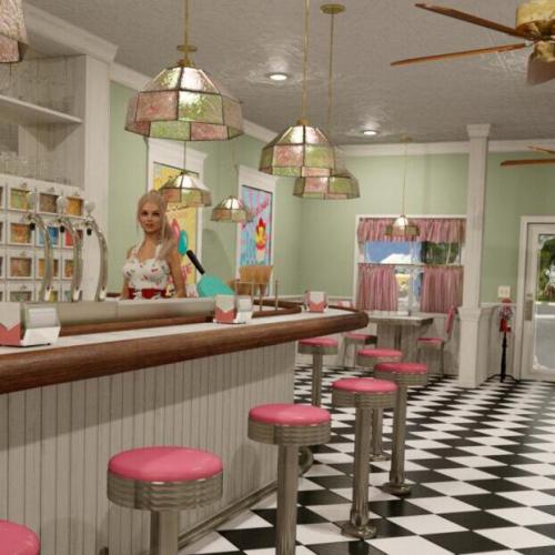 写实又卡通的时尚冰淇淋店商店室内场景+桌椅家具装修摆设CG模型，含fbx/c4d模型！含贴图！