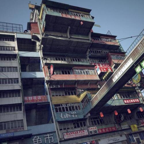 写实+科幻的国外唐人街建筑房屋东方香港老式祖屋楼房街道建筑场景CG模型obj、dsf格式模型，贴图完整！