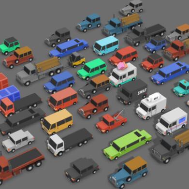 大量低边面卡通汽车轿车卡车面包车旅行车吉普车老爷车等卡通汽车CG模型unity模型素材集合！Simple Cars - Cartoon Vehicles