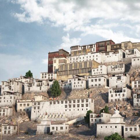 影视级依山而建的藏区平房西藏风格建筑房屋土房子喇嘛教寺院场景CG模型3dmax模型！有贴图！