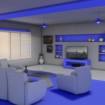 蓝色基调的淡雅室内起居室客厅+沙发+家具+电视墙综合室内场景CG模型c4d模型！Living Room